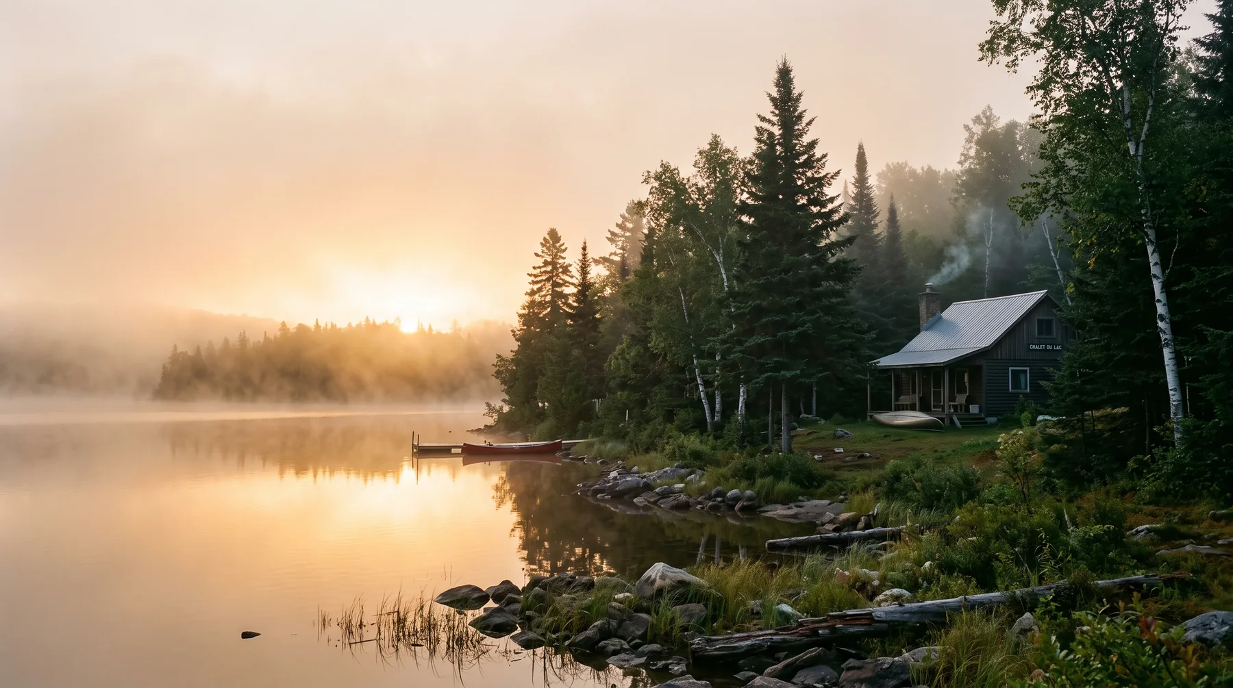 Rive de lac brumeuse au lever du soleil, chalet en retrait — le plan d’eau à protéger.
