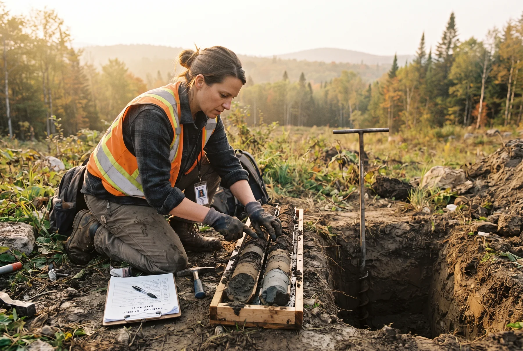Technicien effectuant un test de percolation avec une tarière, carotte de sol stratifiée.